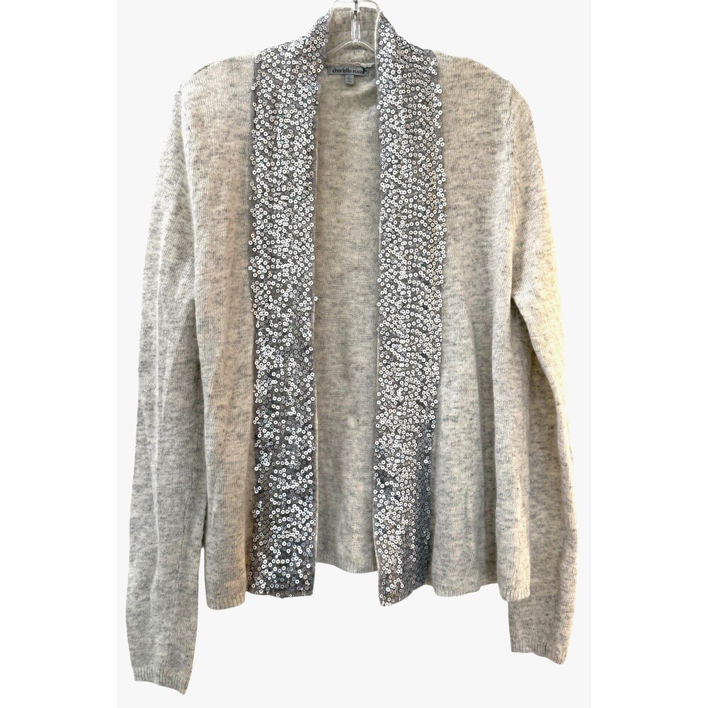 Charlotte Russe Size Large Gray Rabbit Hair Wool Blend Sequin Trim Open Cardigan